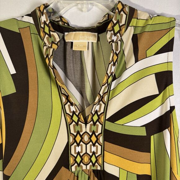 Michael Kors Women’s Sleeveless Top L Geometric Retro Print Green Brown Yellow - Picture 3 of 7